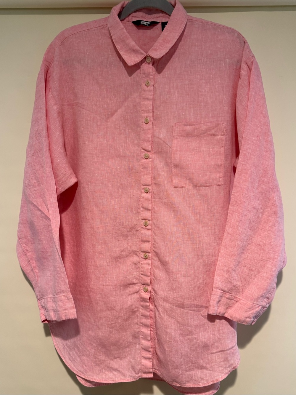 Lands’ End 100% Linen Pink Button Up Relaxed Fit Long Sleeve Shirt, L (14/16)